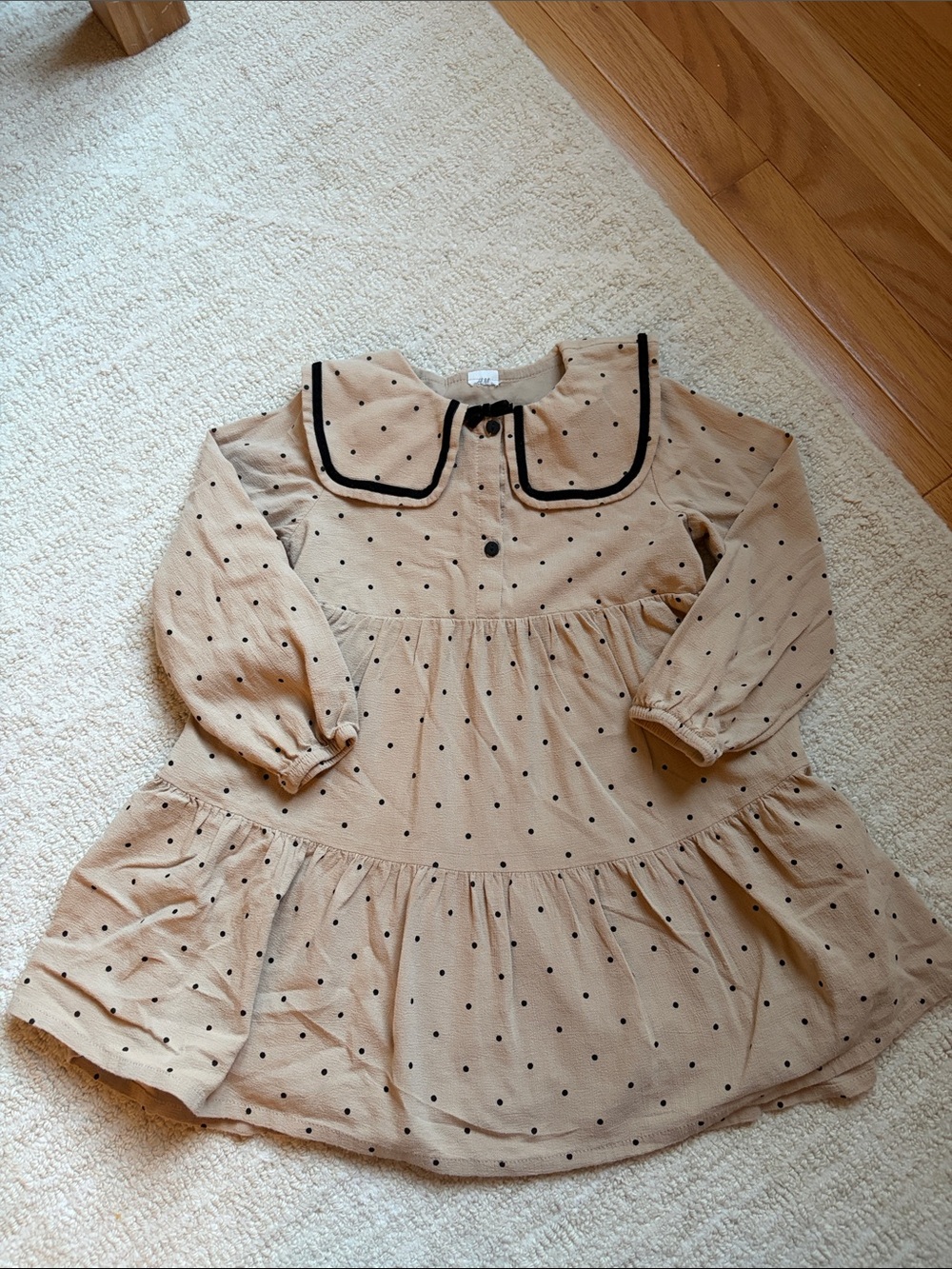 Beige with black polka dot Peter Pan collar cotton dress